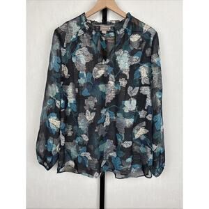 Chico’s Sheer Black Metallic Blouse Women's Large Floral Whimsigoth Artsy Ruffle